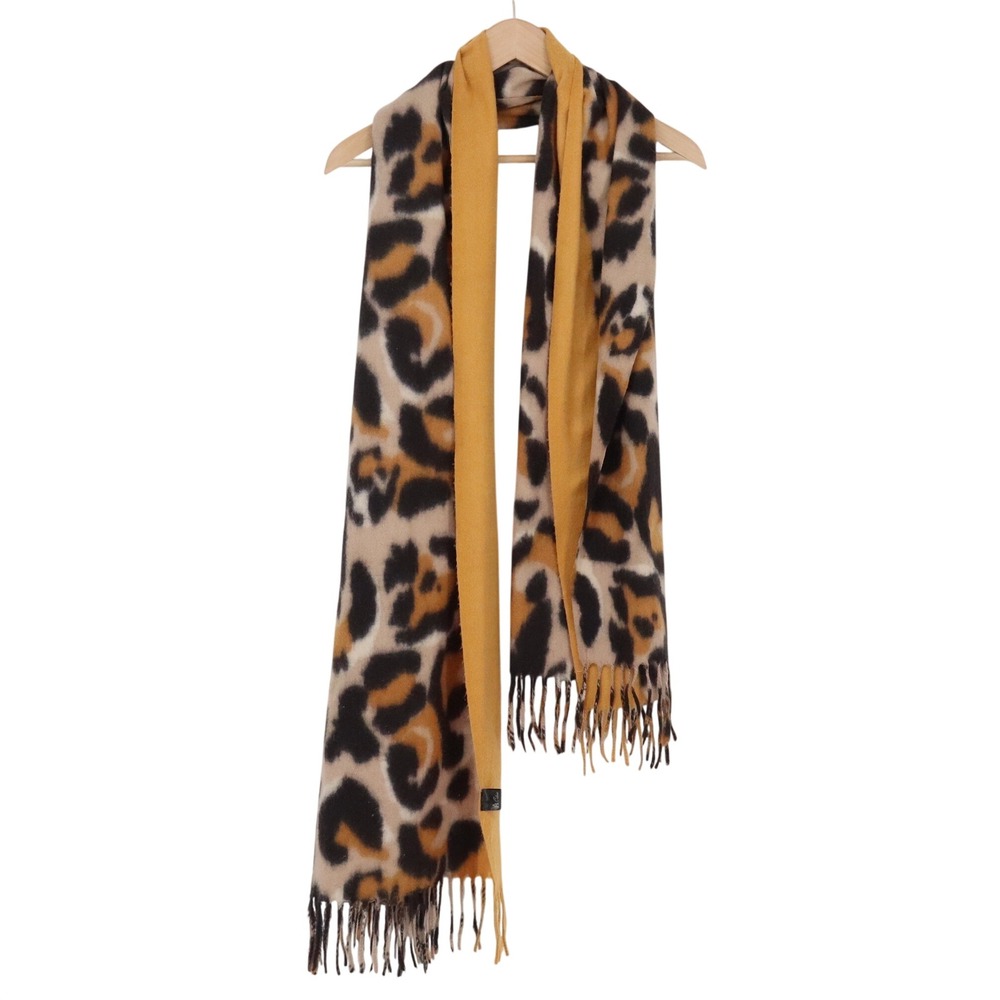 Odiva Scarf Womens OS Leopard Print Yellow Reversible Fringe Trim Good